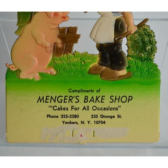 Vintage Germany Pressed Cardboard Calendar Topper Boy Pig Menger's Bake Shop New - Picture 3 of 4
